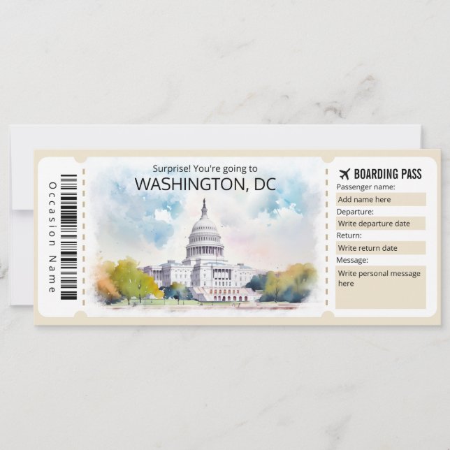 Invitation Billet d'avion Editable Washington DC Plane, Washi (Devant)