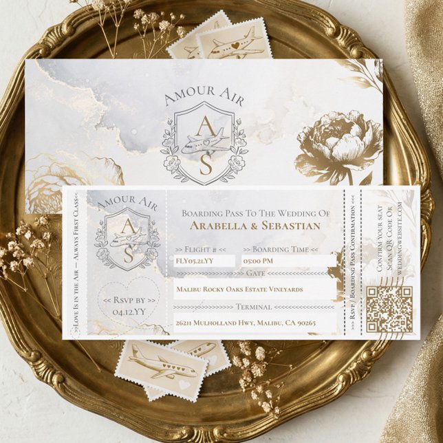 Invitation Billet d'Avion Fleurs Mariage de Destination (Boarding Plane Ticket Floral Destination Wedding Invitation)