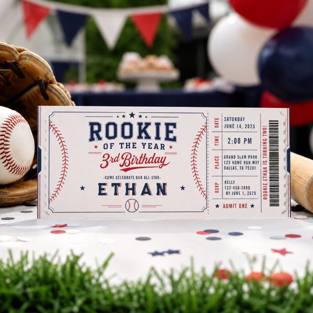 Invitation Billet de 3e anniversaire Rookie of the Year Baseb (Rookie of the Year Baseball 3rd Birthday ticket Invitation
)