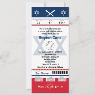 Invitation Billet de base-ball Red and Blue Bar Mitzvah