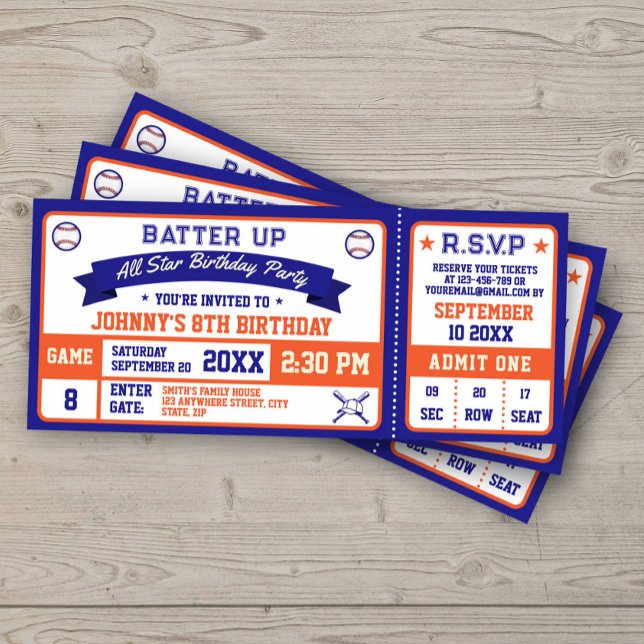 Invitation Billet de baseball Anniversaire Fête Bleu Orange (Créateur téléchargé)