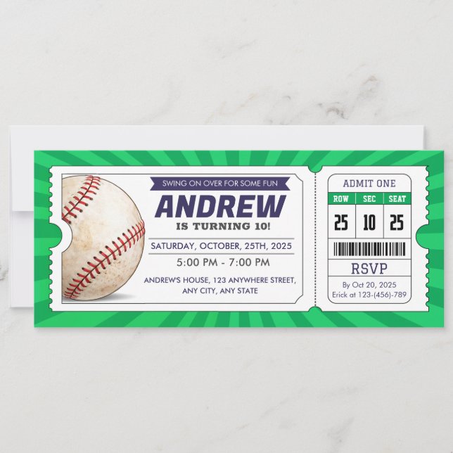Invitation Billet de baseball anniversaire Recrue de l'année (Devant)