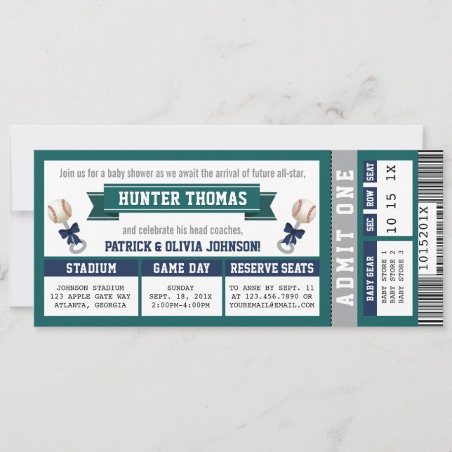 Invitation Billet de baseball Baby shower, Bleu, Vert (Devant)