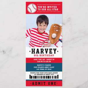 Invitation Billet de baseball bleu rouge Photo fête d'anniver