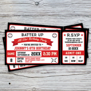 Invitation Billet de baseball fête d'anniversaire Rouge Noir