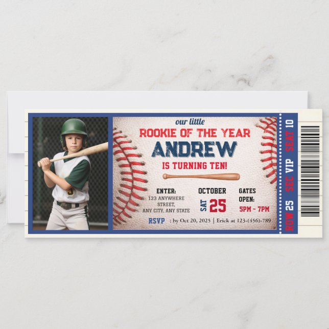 Invitation Billet de baseball petit rookie anniversaire Avec  (Devant)
