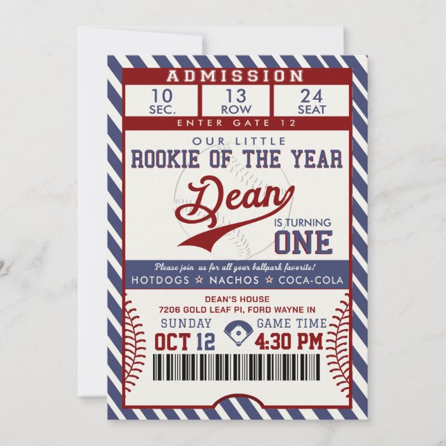 Invitation Billet de baseball pour l'anniversaire du recrue d (Devant)