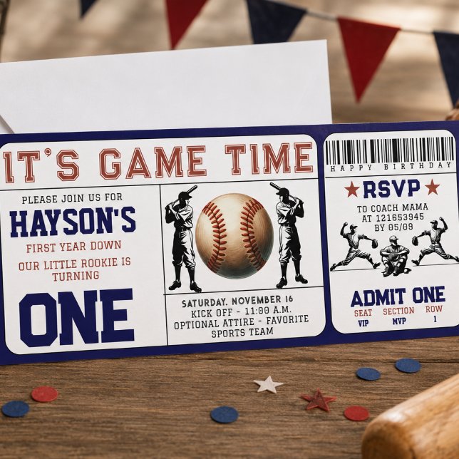 Invitation Billet de baseball pour le 1er anniversaire de la  (First Year Down Baseball Ticket 1st Birthday Invitation)