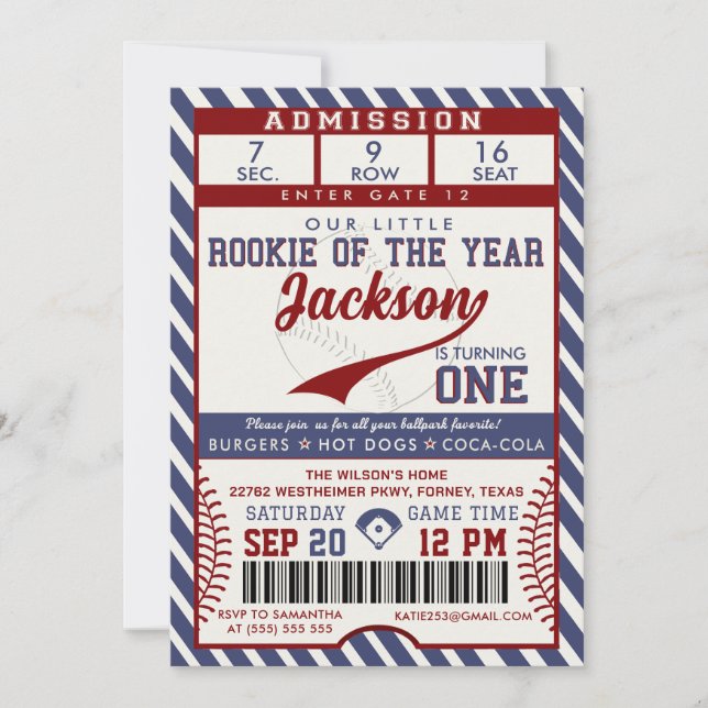 Invitation Billet de baseball pour le 1er anniversaire de la  (Devant)