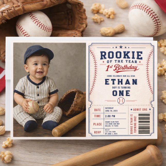 Invitation Billet de baseball Recrue de l'année pour 1er anni (Rookie of the Year Baseball Ticket 1st Birthday Invitation)
