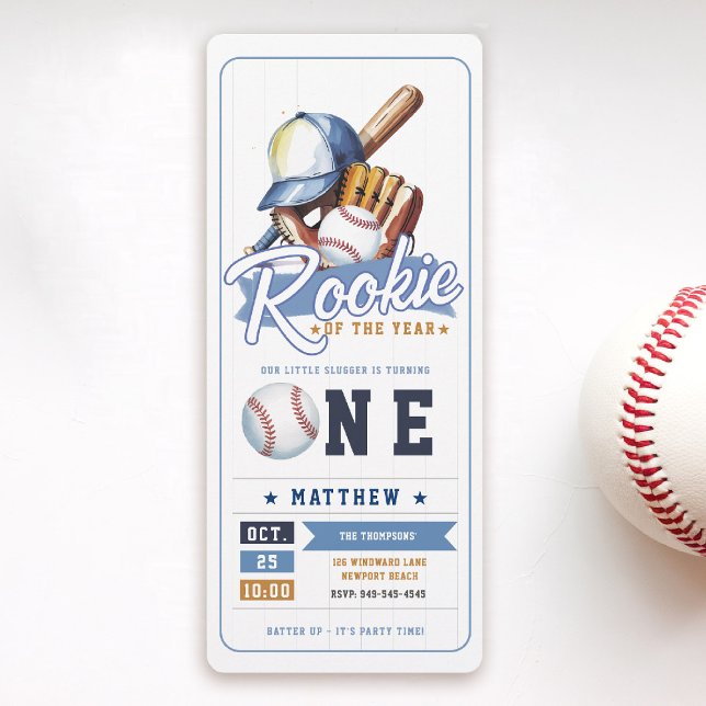 Invitation Billet de baseball Rookie Sports Garçon 1er annive (rookie of the year 1st birthday invite boy baseball theme sports ticket blue brown card)