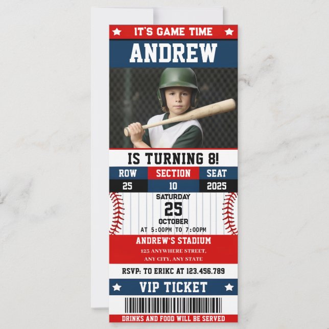 Invitation Billet de baseball Sport Anniversaire avec photo p (Devant)
