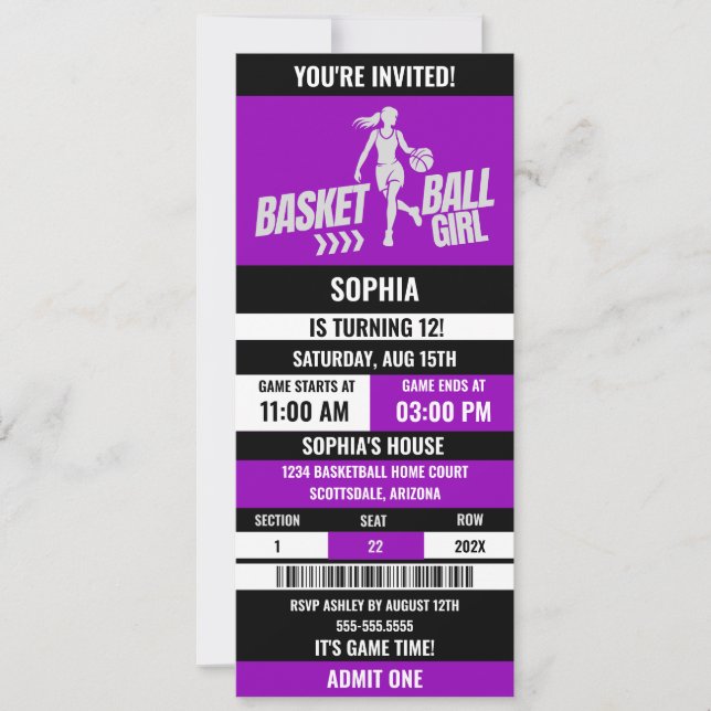 Invitation Billet de basket Anniversaire, Joueuse de basket-b (Devant)