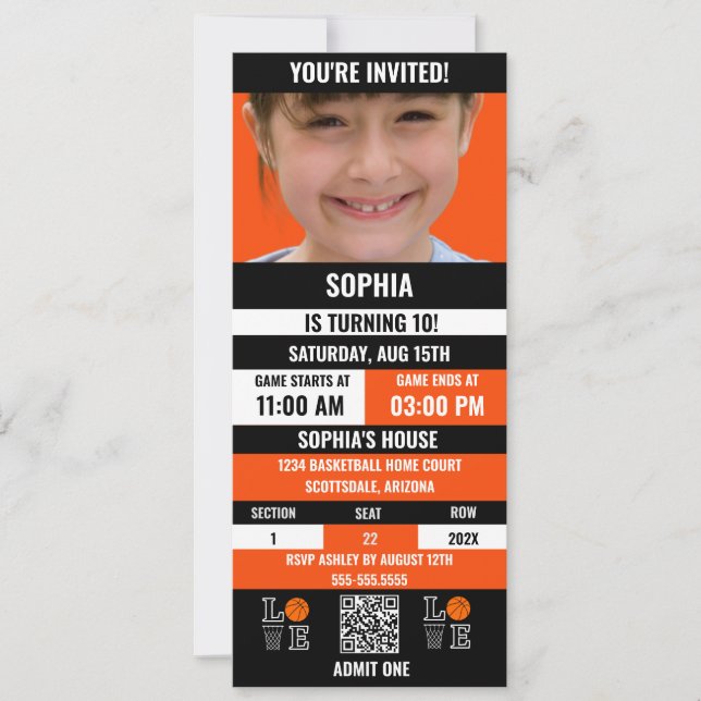 Invitation Billet de basket Anniversaire, Joueuse de basket-b (Devant)