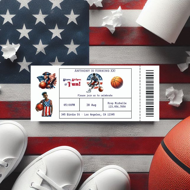 Invitation Billet de basket-ball américain patriotique fête d (Patriotic USA Basketball Ticket Birthday Party Invitation)