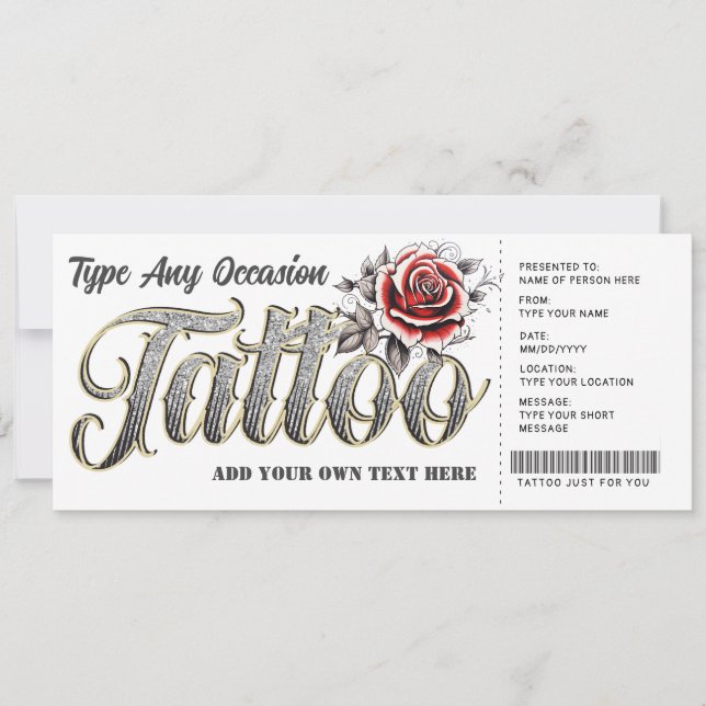Invitation Billet de certificat-cadeau de tatouage de rose pe (Devant)
