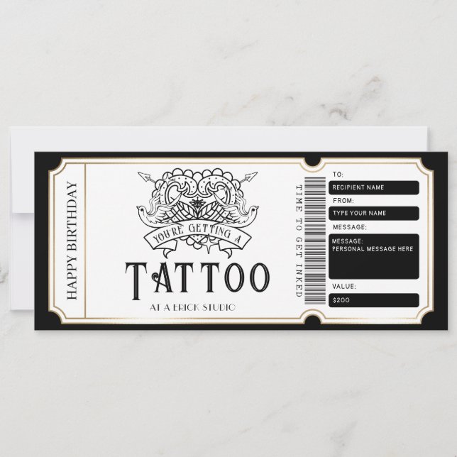 Invitation Billet de certificat-cadeau de tatouage personnali (Devant)