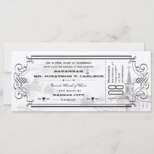Invitation Billet de chapelle de mariage fond ivoire police n