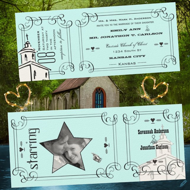 Invitation Billet de Chapelle Romantique Aqua pour Mariage (Créateur téléchargé)