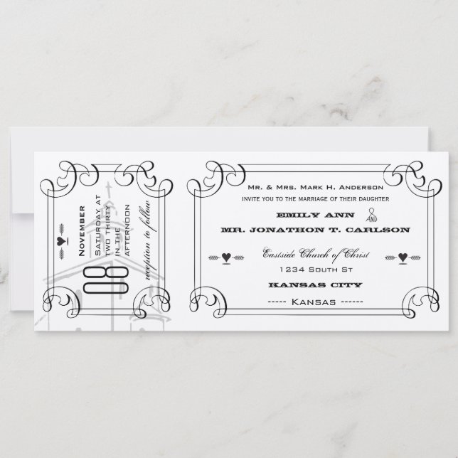 Invitation Billet de Chapelle Romantique Mariage (Devant)