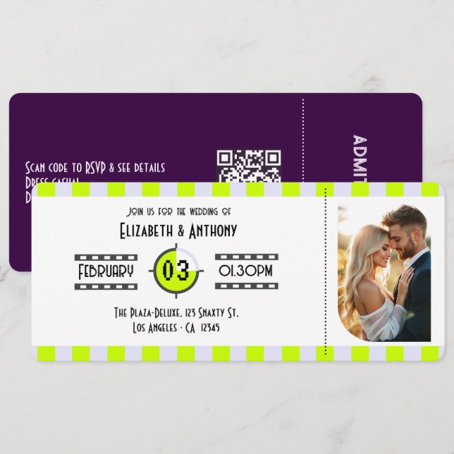 Invitation Billet de cinéma Cyber Lime/Lavande numérique/Pour (Devant / Derrière)