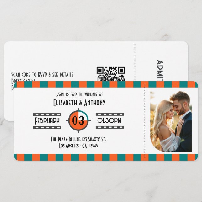 Invitation Billet de Cinéma Orange Néon, Sarcelle et Blanc po (Devant / Derrière)