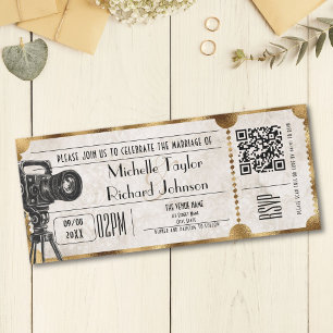 Invitation Billet de cinéma rétro vintage avec code QR RSVP
