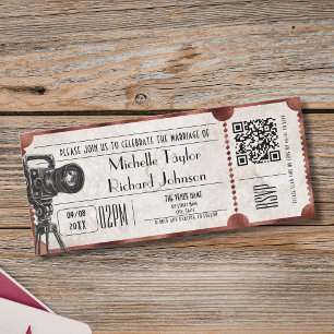 Invitation Billet de cinéma rustique vintage avec QR Code RSV