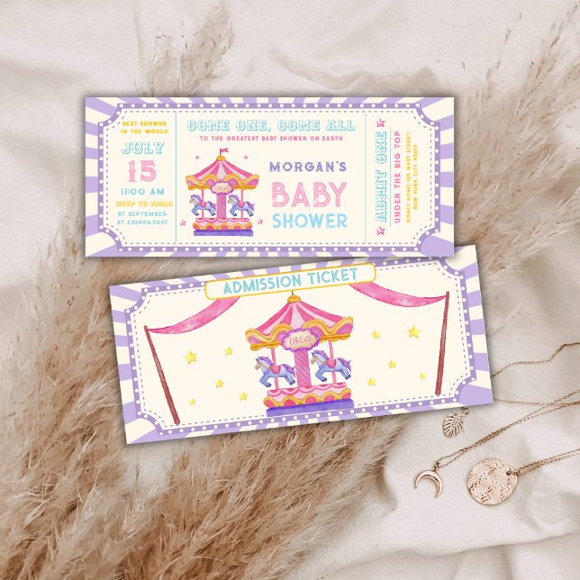 Invitation Billet de cirque carrousel mignon Fête foraine Bab (Cute Carousel Circus Ticket Carnival Baby shower Invitation)