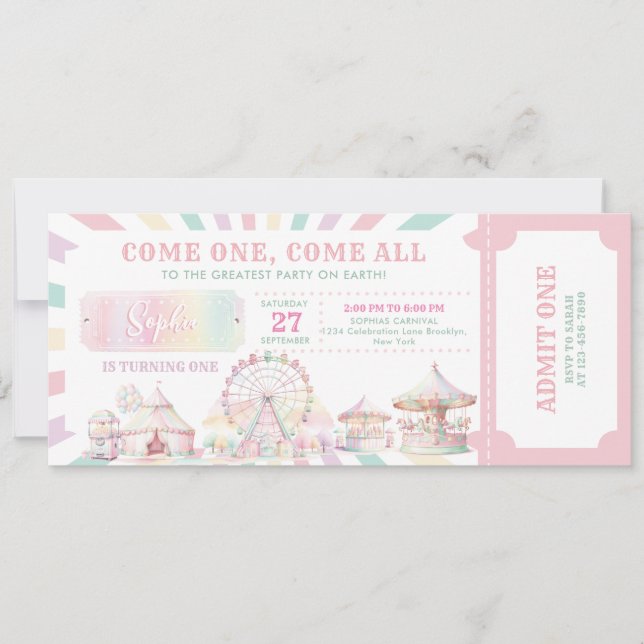 Invitation Billet de Cirque de Carnaval de Girly Pastel (Devant)