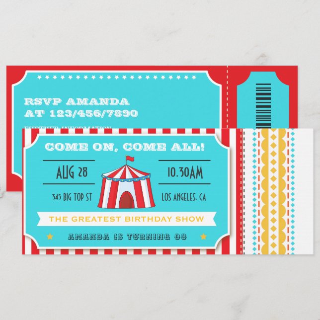 Invitation Billet de Cirque Rétro pour Anniversaire d'Enfants (Devant / Derrière)