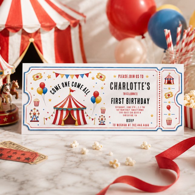 Invitation Billet de cirque rouge moderne pour 1er anniversai (Modern Red Circus Ticket 1st Birthday | Any Gender Invitation
)