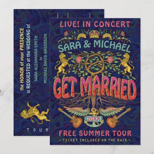 Invitation Billet de concert de groupe rétro pour mariage thè (Devant / Derrière)