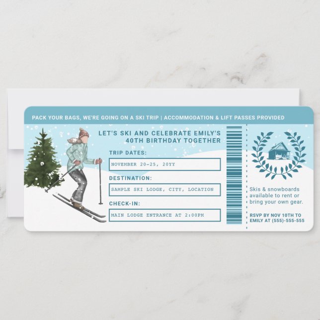 Invitation Billet de faux voyage de ski pour anniversaire de  (Devant)