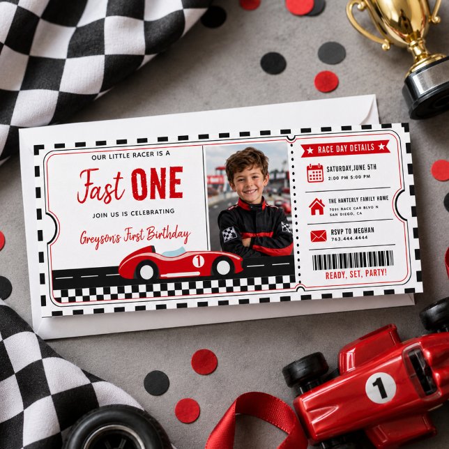 Invitation Billet de fête d'anniversaire de 1 an pour garçon  (Fast One Race Car Boy 1st Birthday Party Ticket photo Invitation
)