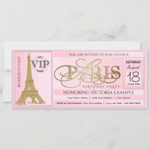 Invitation Billet de fête d'anniversaire PInk Paris