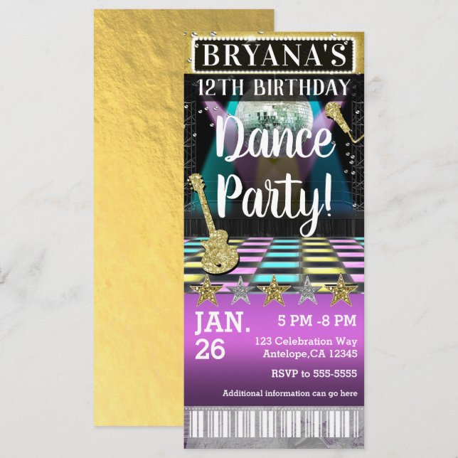 Invitation Billet de fête d'anniversaire piste de danse et bo (Devant / Derrière)