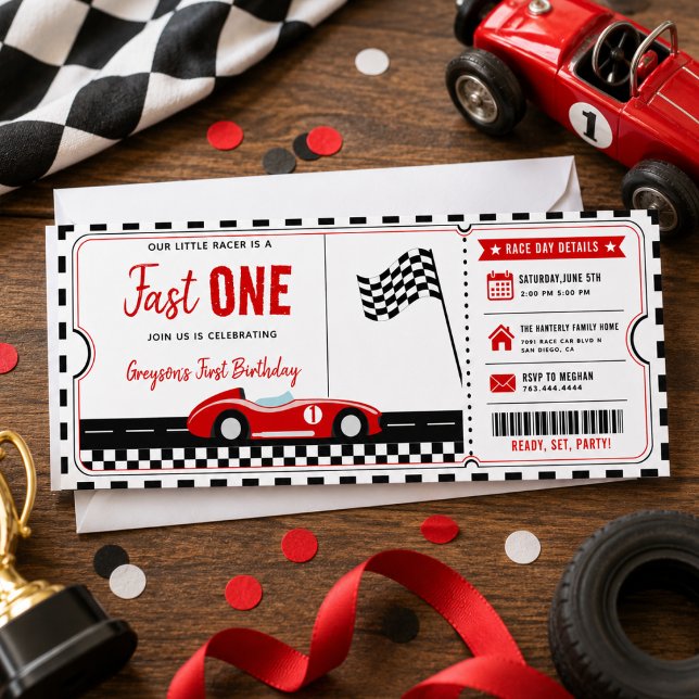 Invitation Billet de fête d'anniversaire pour garçon de 1 an  (Fast One Race Car Boy 1st Birthday Party Ticket Invitation
)