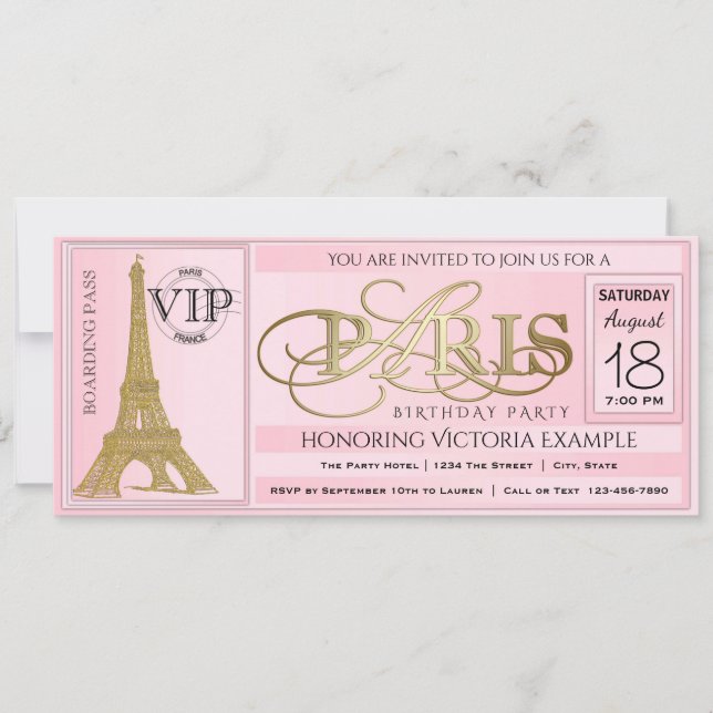 Invitation Billet de fête d'anniversaire rose Paris (Devant)