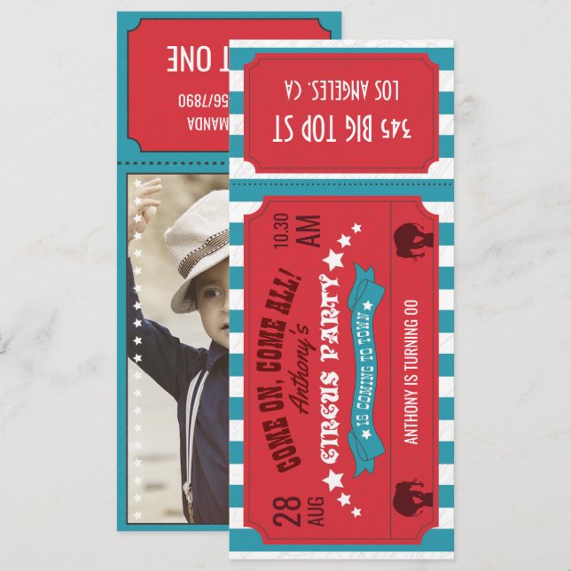 Invitation Billet de fête de cirque pour les enfants Annivers (Devant / Derrière)