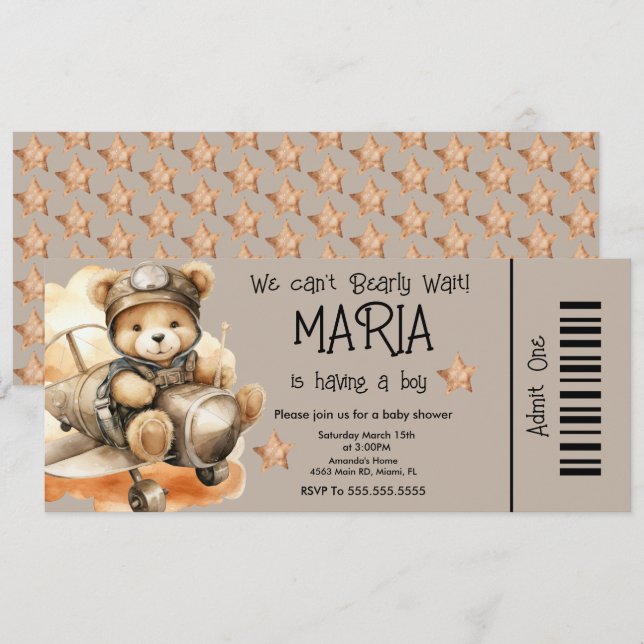 Invitation Billet de fête pour Baby Shower Flying Teddy Bear  (Devant / Derrière)