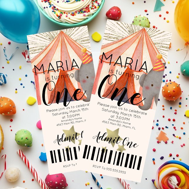 Invitation Billet de fête pour un premier anniversaire cirque (Créateur téléchargé)