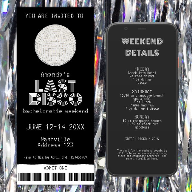 Invitation Billet de fin de semaine Disco Dernier Argent (last disco silver bachelorette party invitation ticket weekend itinerary)