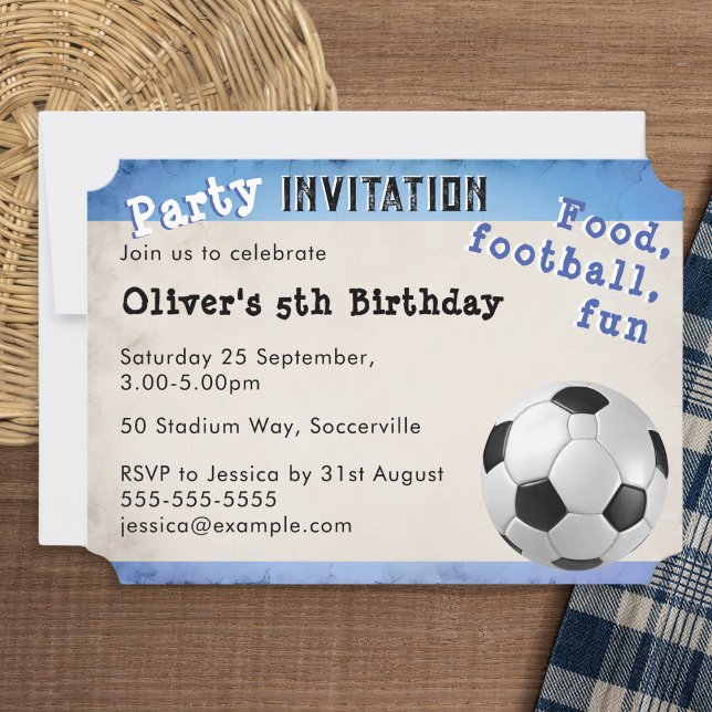 Invitation Billet de football rétro Ballon de football Thème  (A fun customisable birthday party invitation with a retro football (soccer) theme)