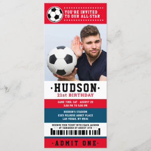 Invitation Billet de Football Rouge Bleu Photo Anniversaire