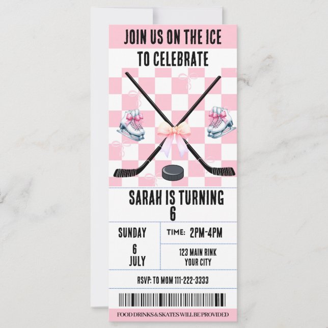 Invitation Billet de hockey sur glace Pink Bow Coquette (Devant)
