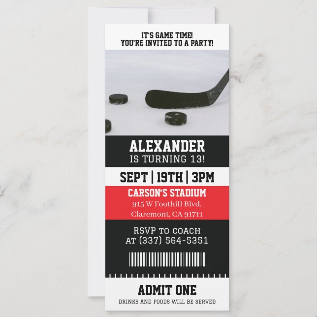 Invitation Billet de Hockey sur Glace pour Anniversaire (Devant)