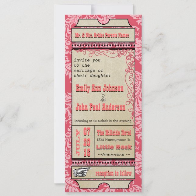 Invitation Billet de jeu Mariage Raspberry Coral et Jaune (Devant)