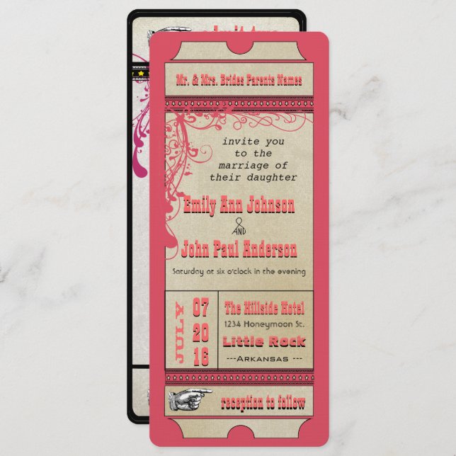 Invitation Billet de jeu Mariage Raspberry Coral et Jaune (Devant / Derrière)