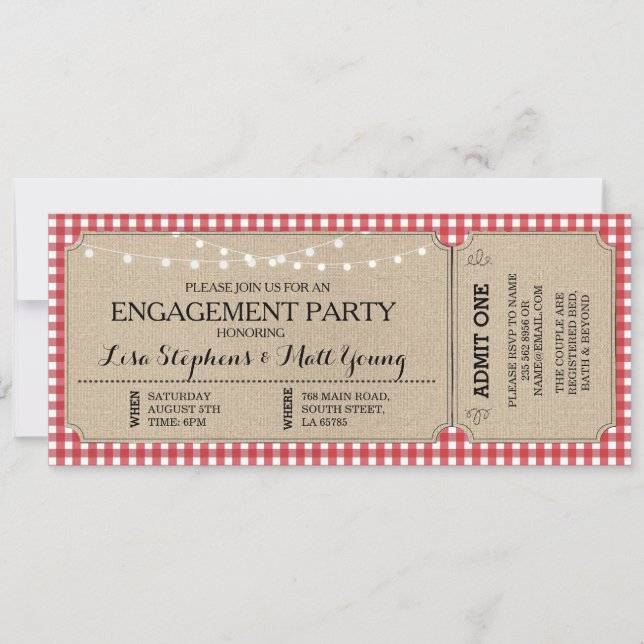 Invitation Billet de la partie d'engagement Red Check Rustic  (Devant)